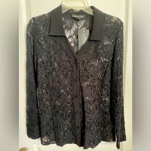 Stretchy lace & sequin button up collared dressy shirt. Black. Size small. NWT